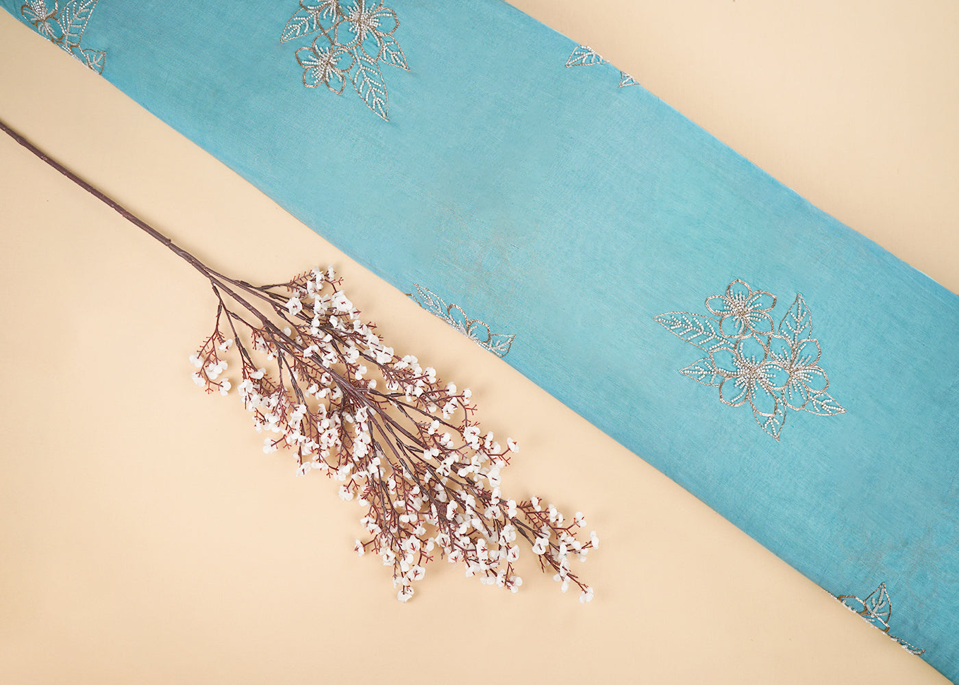 Blue Cotton Linen Fabric With All Over Floral Zari And Katdana Work 22669