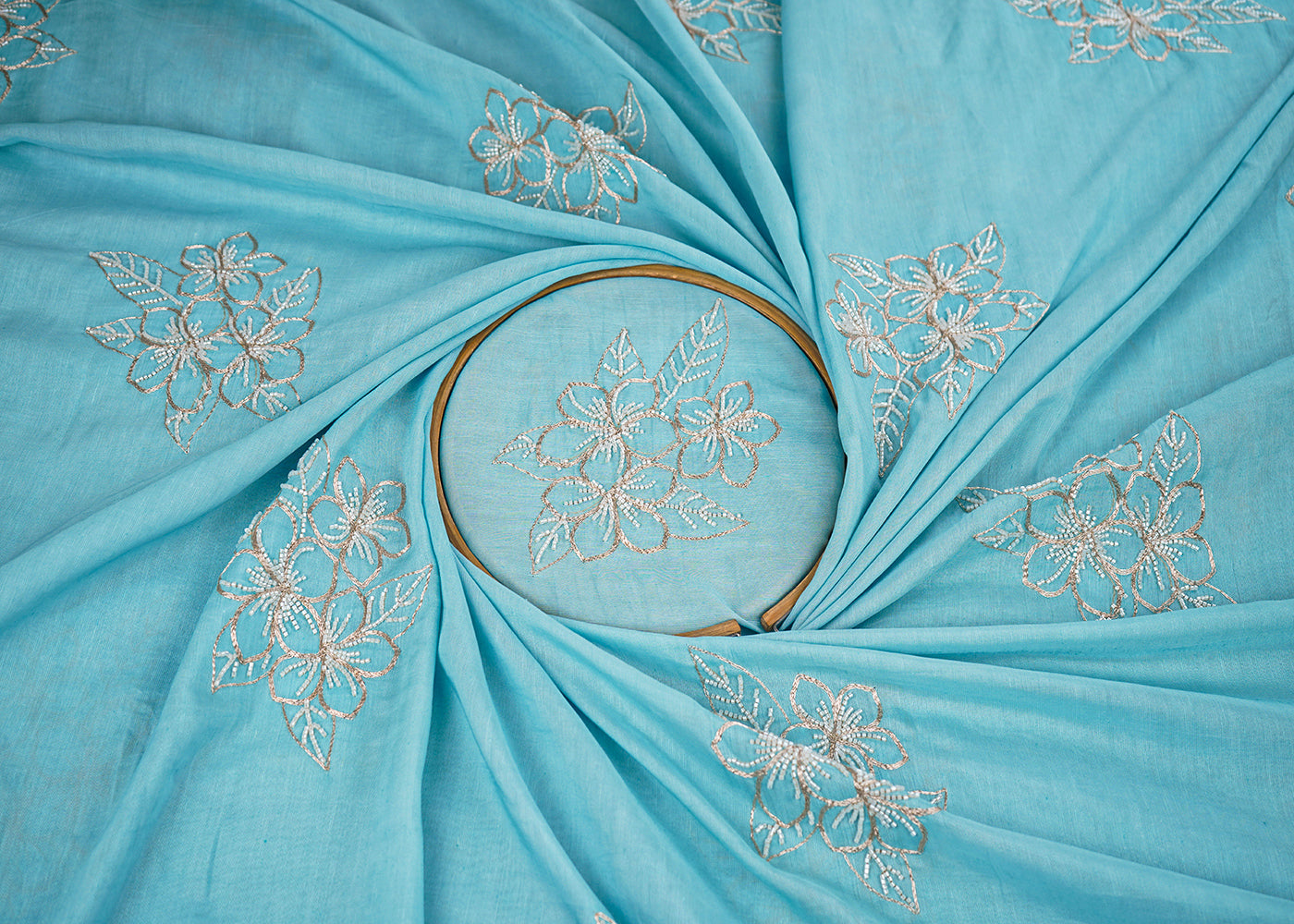 Blue Cotton Linen Fabric With All Over Floral Zari And Katdana Work 22669