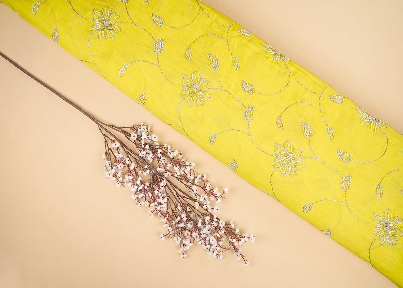 Lemon Yellow Cotton Fabric With All Over Zari, Sequins, Katdana And Bead Work 22670