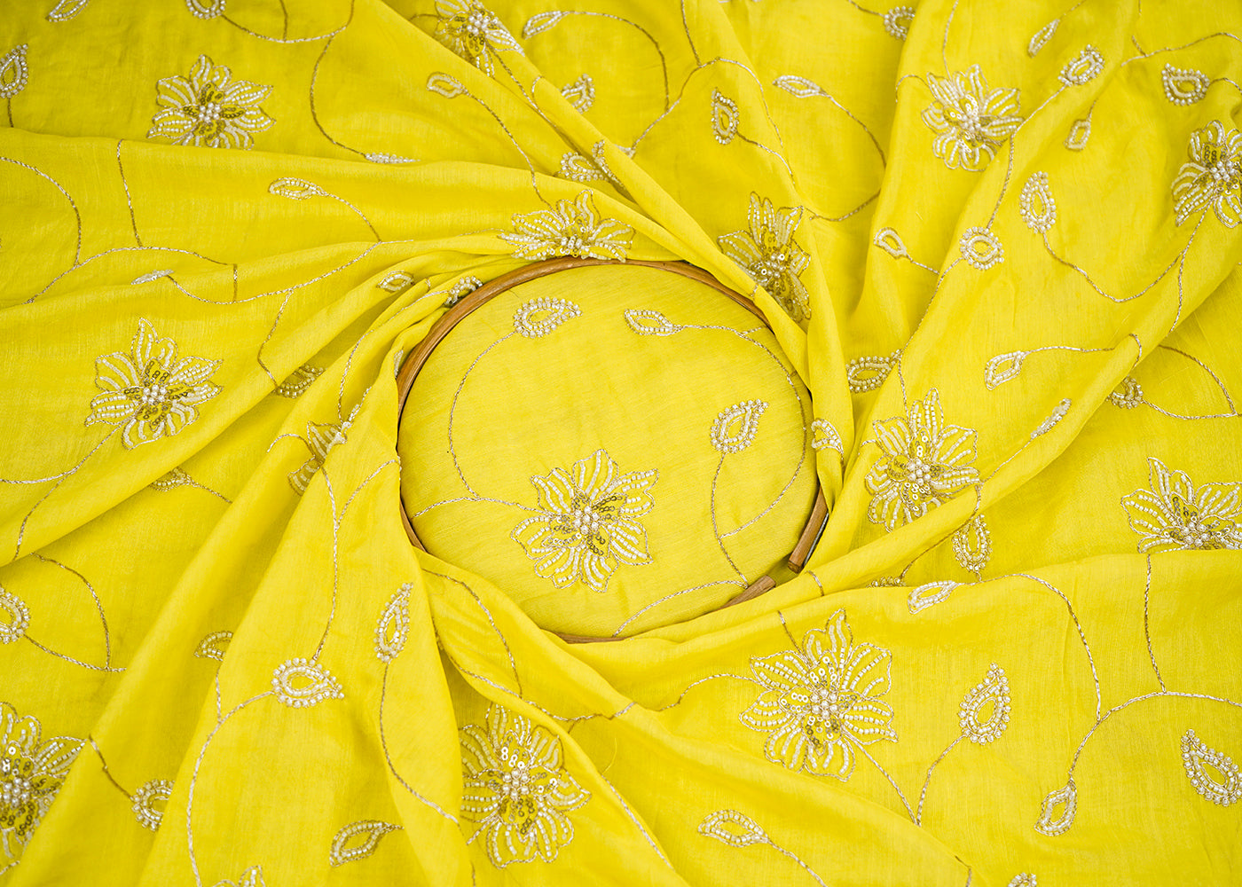 Lemon Yellow Cotton Fabric With All Over Zari, Sequins, Katdana And Bead Work 22670