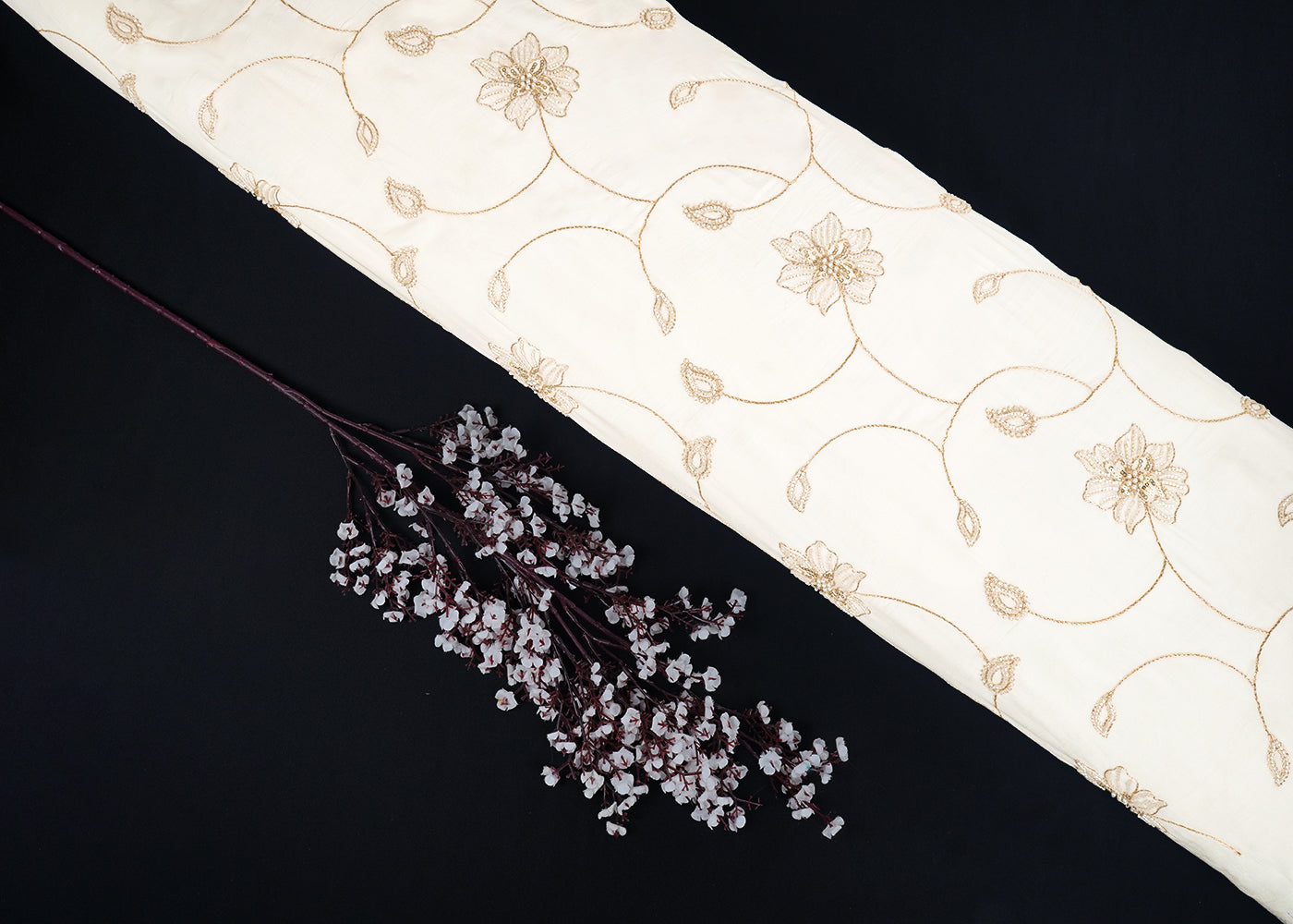 White Cotton Fabric With All Over Zari, Sequins, Katdana And Bead Work 22672