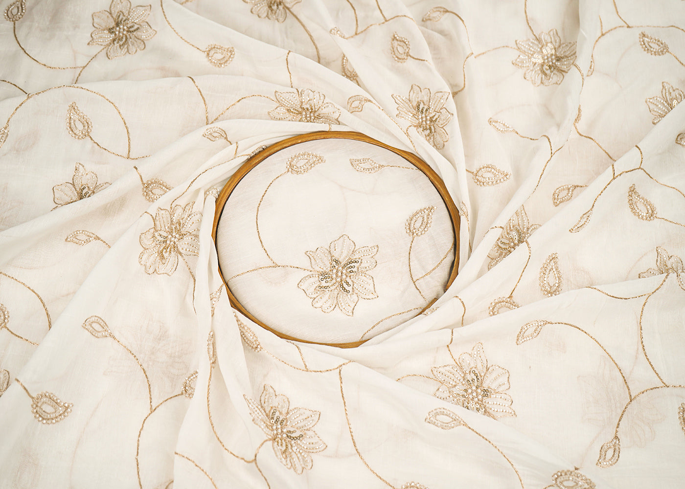 White Cotton Fabric With All Over Zari, Sequins, Katdana And Bead Work 22672