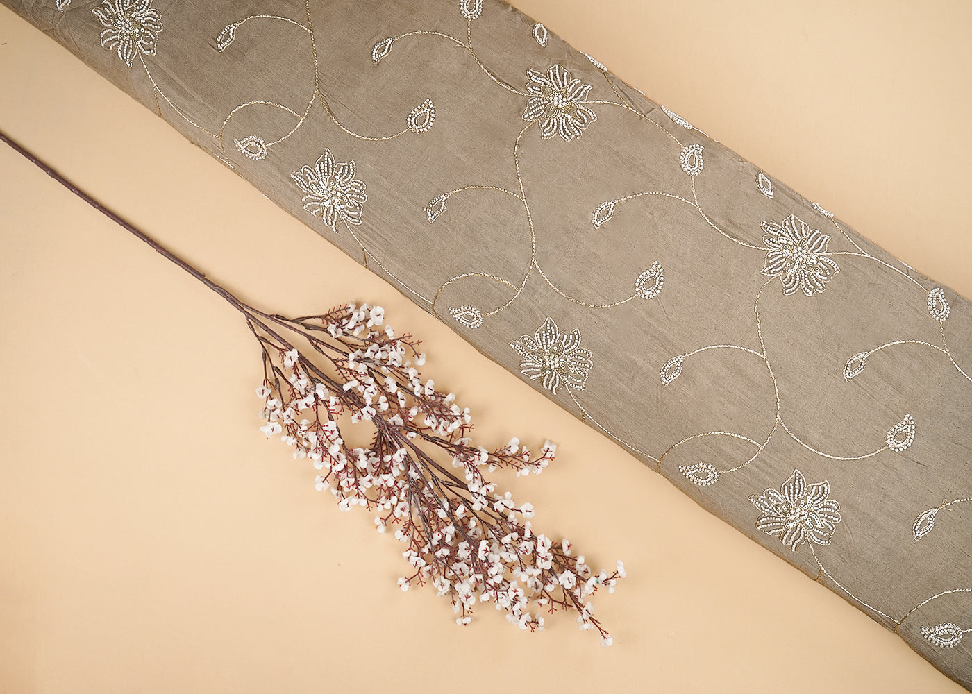 Brown Cotton Fabric With All Over Zari, Sequins, Katdana And Bead Work 22673