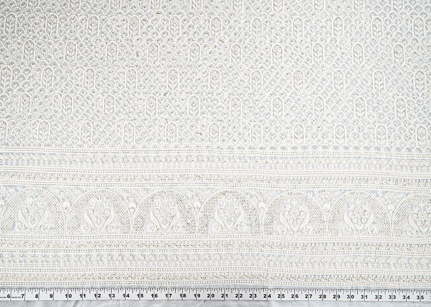 White Dyeable Georgette Fabric With All Over Thread And Sequins Work With One Side Border 22678