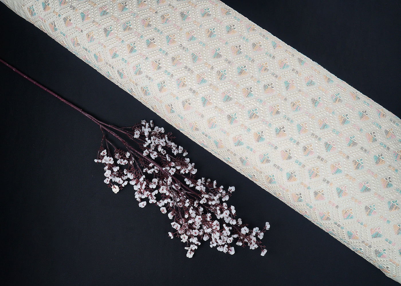 White Dyeable Georgette Fabric With All Over Thread And Multi Color Sequins Work 22679