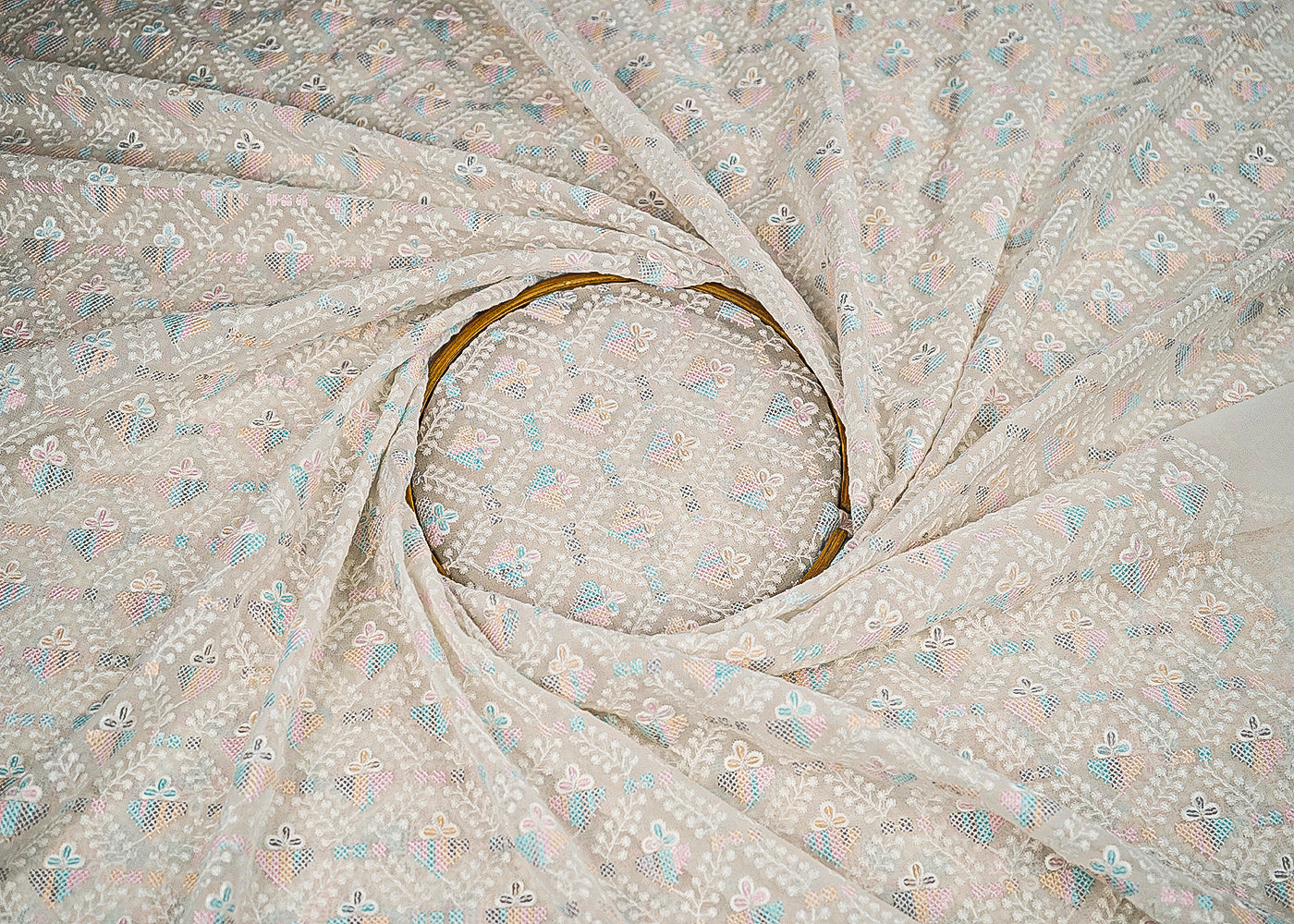 White Dyeable Georgette Fabric With All Over Thread And Multi Color Sequins Work 22679