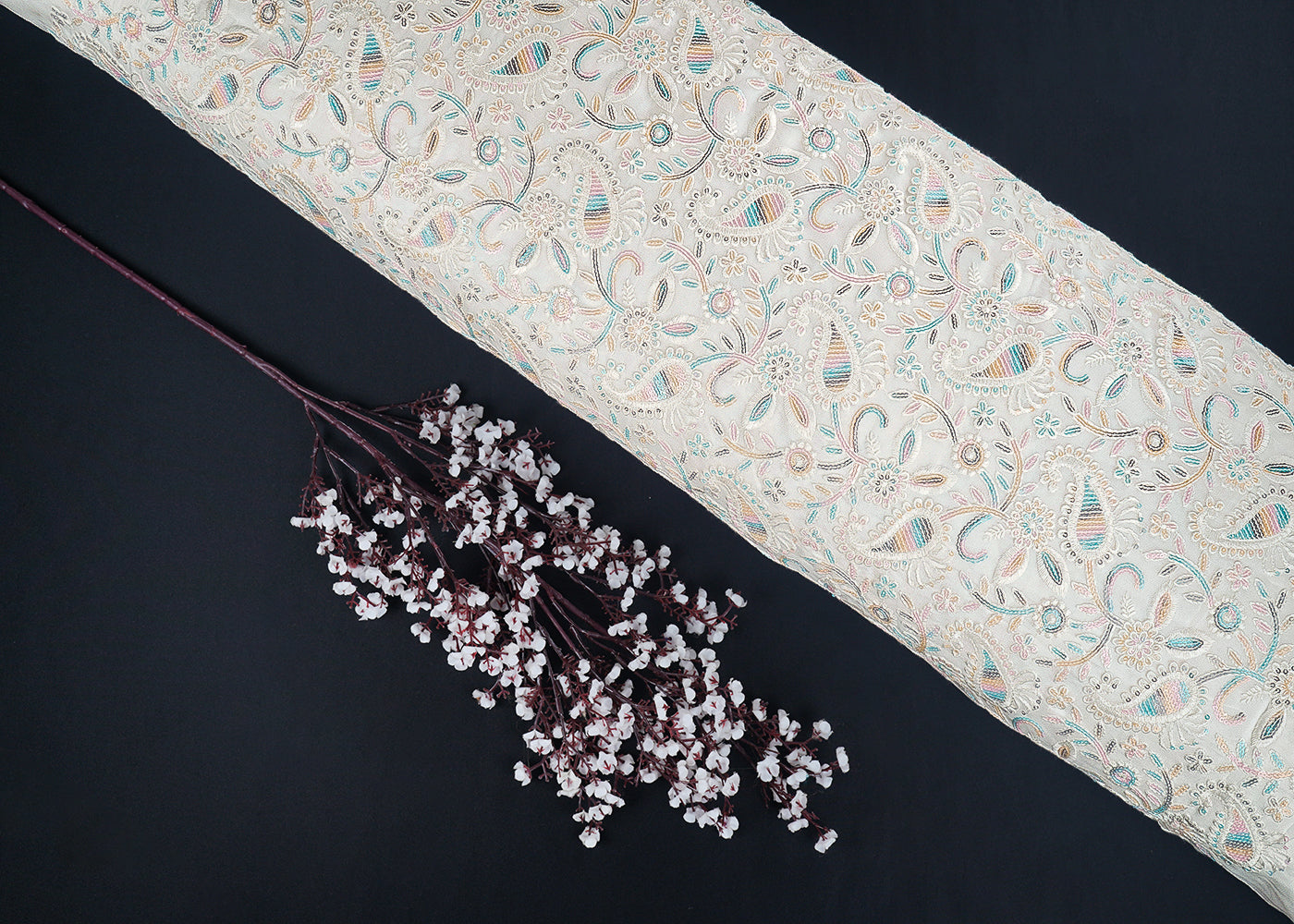 White Dyeable Georgette Fabric With All Over Thread And Multi Color Sequins Work 22680