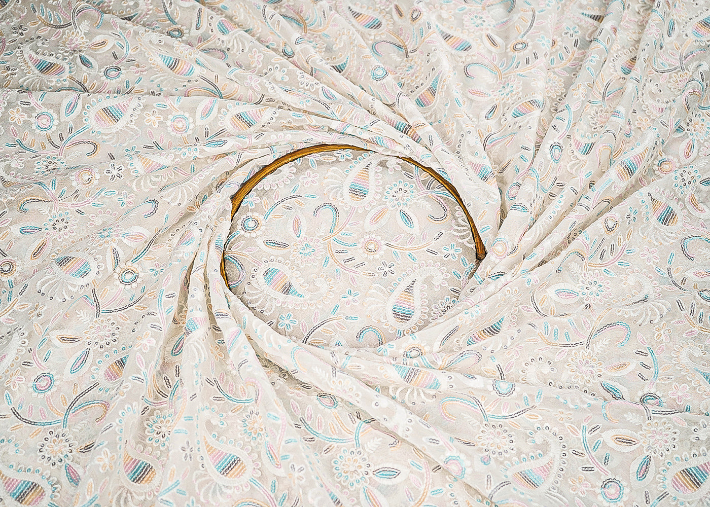 White Dyeable Georgette Fabric With All Over Thread And Multi Color Sequins Work 22680