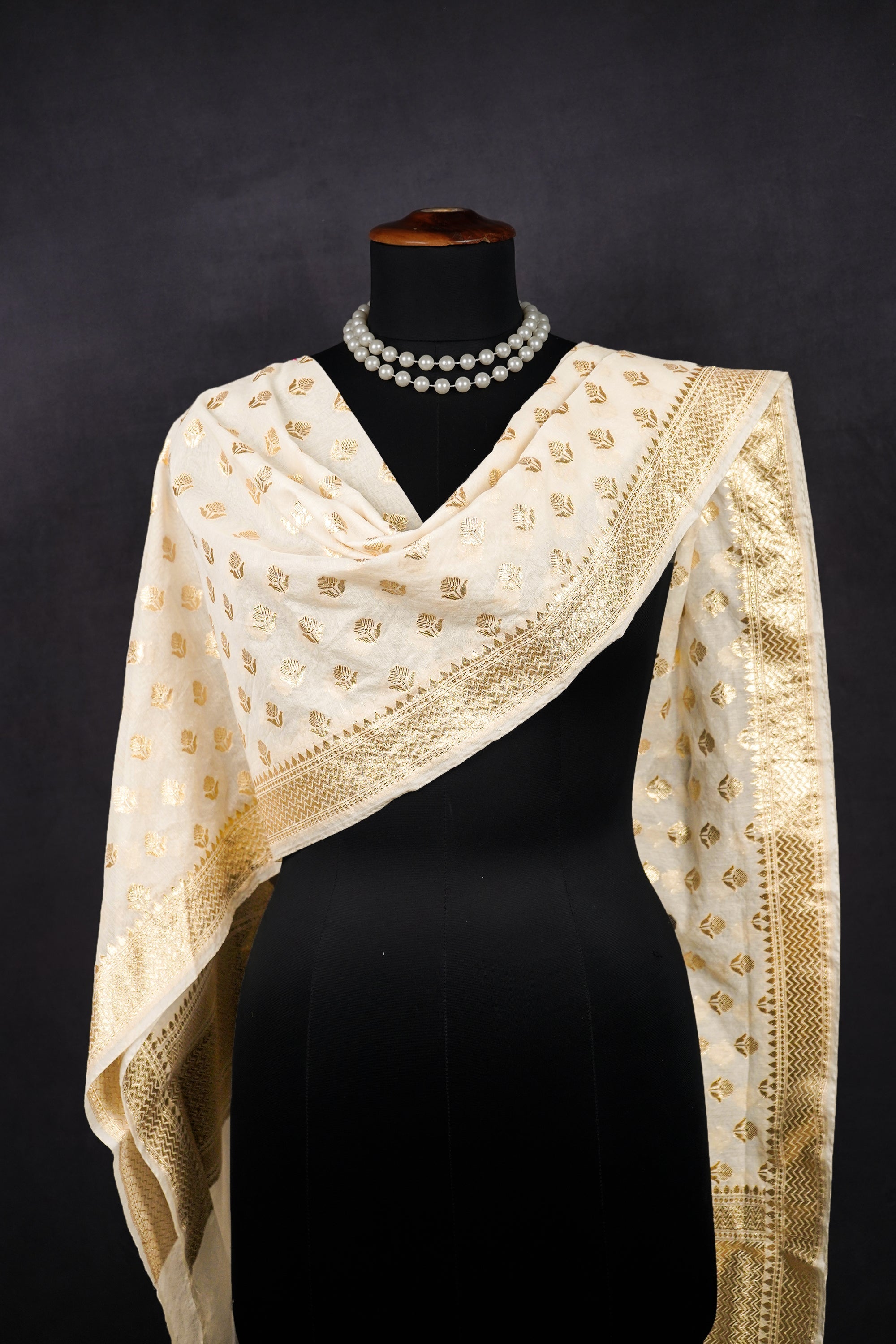 White Dyeable Chanderi Dupatta With All Over Zari Handloom 22682