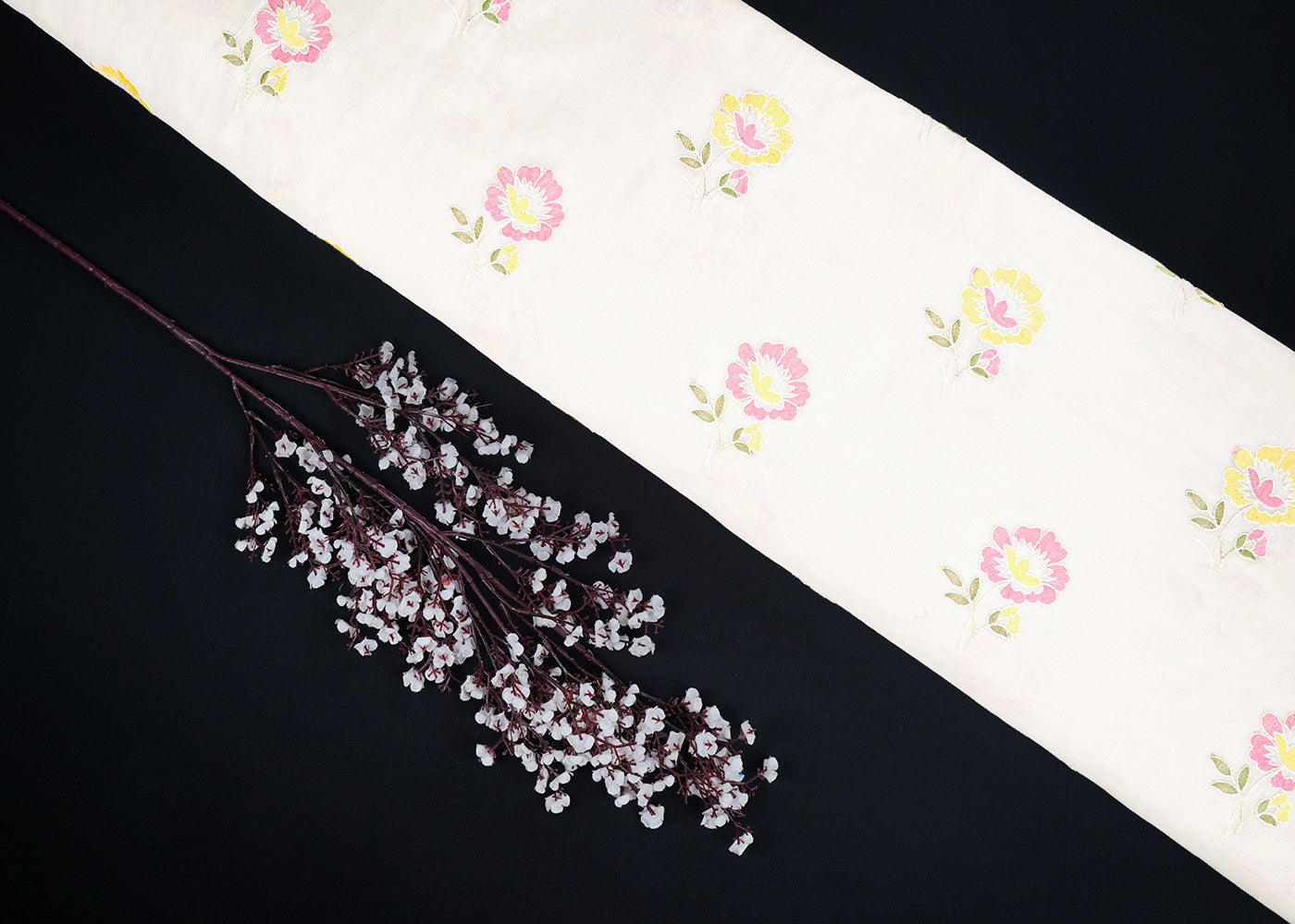 White Dyeable Mul Chanderi Fabric With All Over Pastel Floral Buti Thread Work 22694