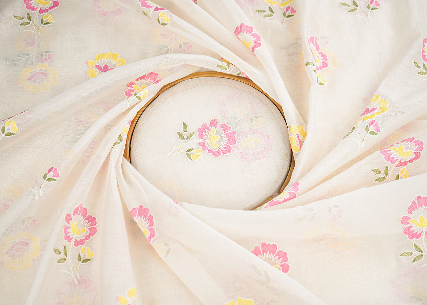 White Dyeable Mul Chanderi Fabric With All Over Pastel Floral Buti Thread Work 22694