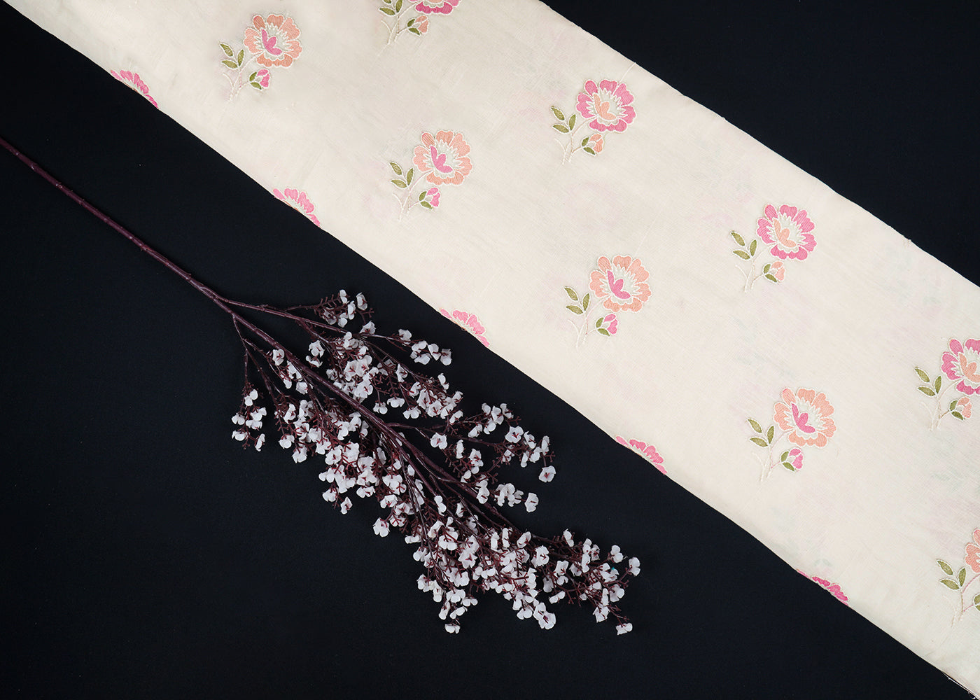 White Dyeable Mul Chanderi Fabric With All Over Pastel Floral Buti Thread Work 22695