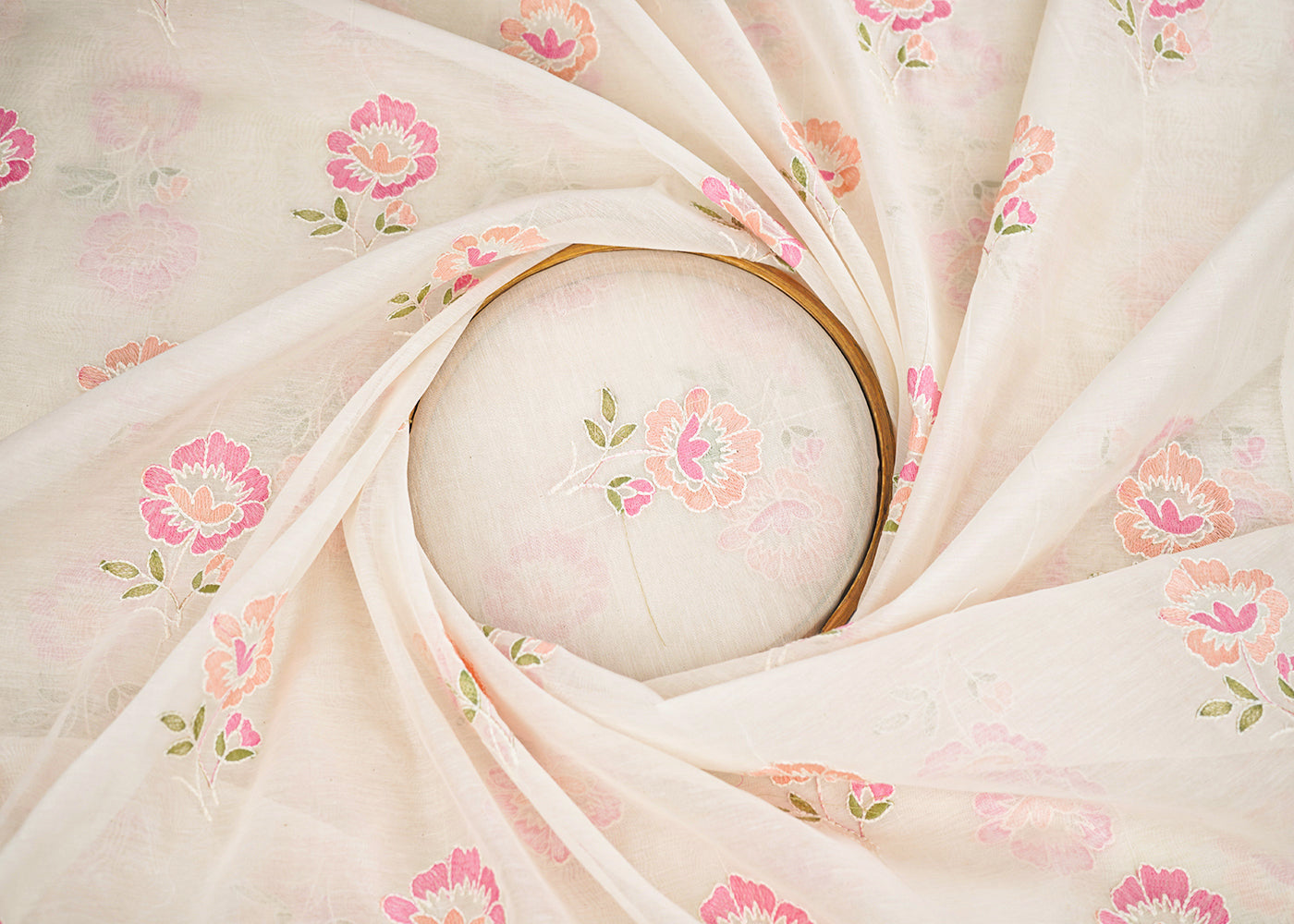 White Dyeable Mul Chanderi Fabric With All Over Pastel Floral Buti Thread Work 22695