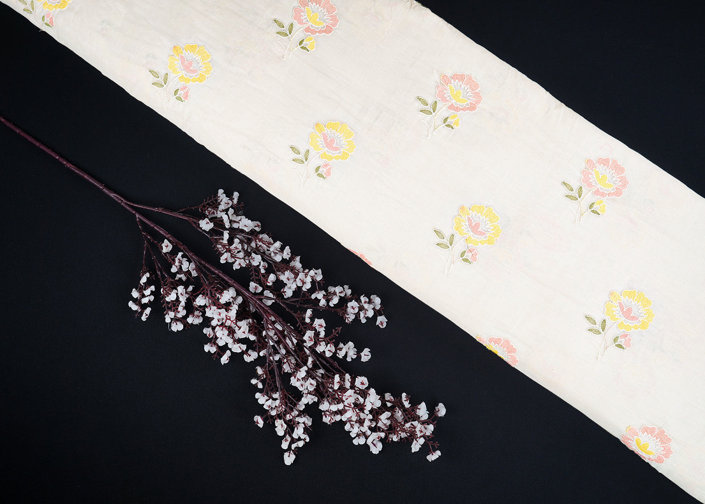 White Dyeable Mul Chanderi Fabric With All Over Pastel Floral Buti Thread Work 22696