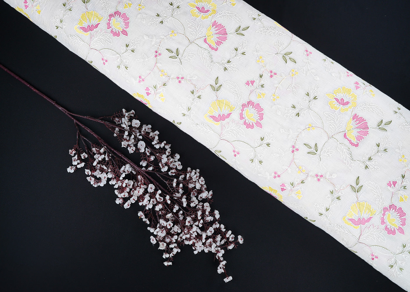 White Dyeable Chanderi Fabric With All Over Pastel Pink Floral Thread Work 22697