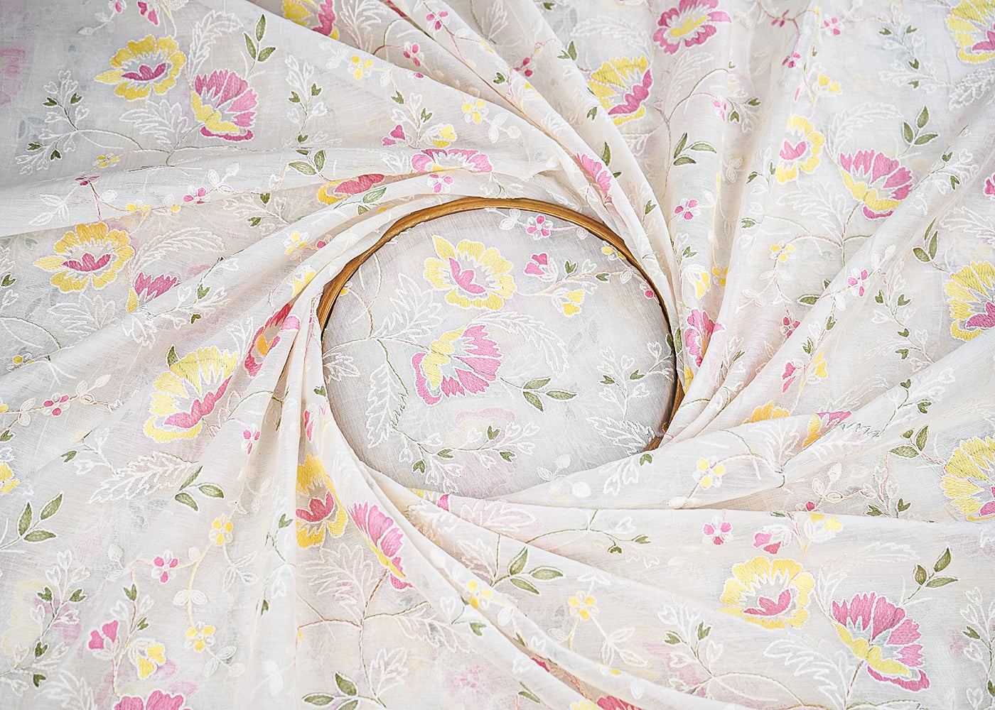 White Dyeable Chanderi Fabric With All Over Pastel Pink Floral Thread Work 22697