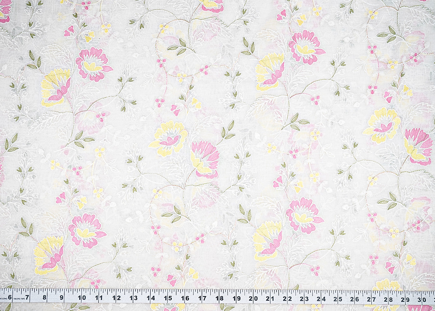 White Dyeable Chanderi Fabric With All Over Pastel Pink Floral Thread Work 22697