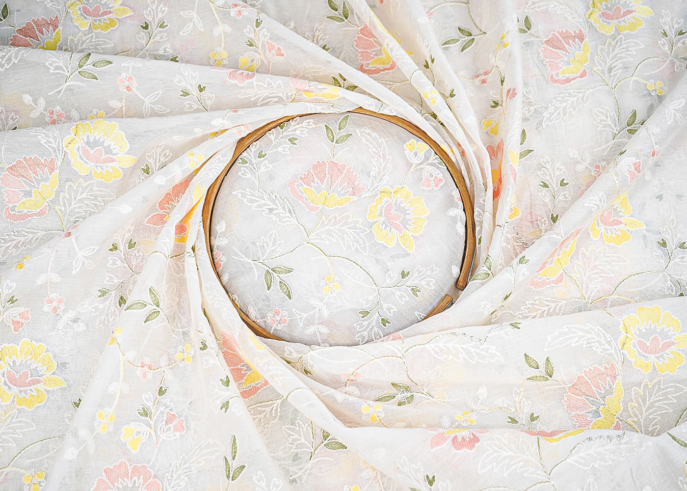 White Dyeable Chanderi Fabric With All Over Pastel Yellow Floral Thread Work 22698