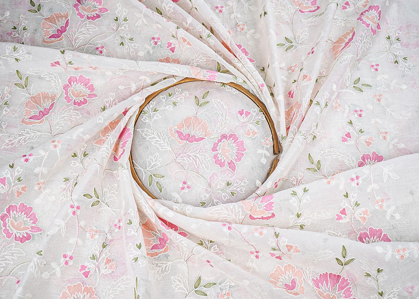 White Dyeable Chanderi Fabric With All Over Pastel Peach Floral Thread Work 22699