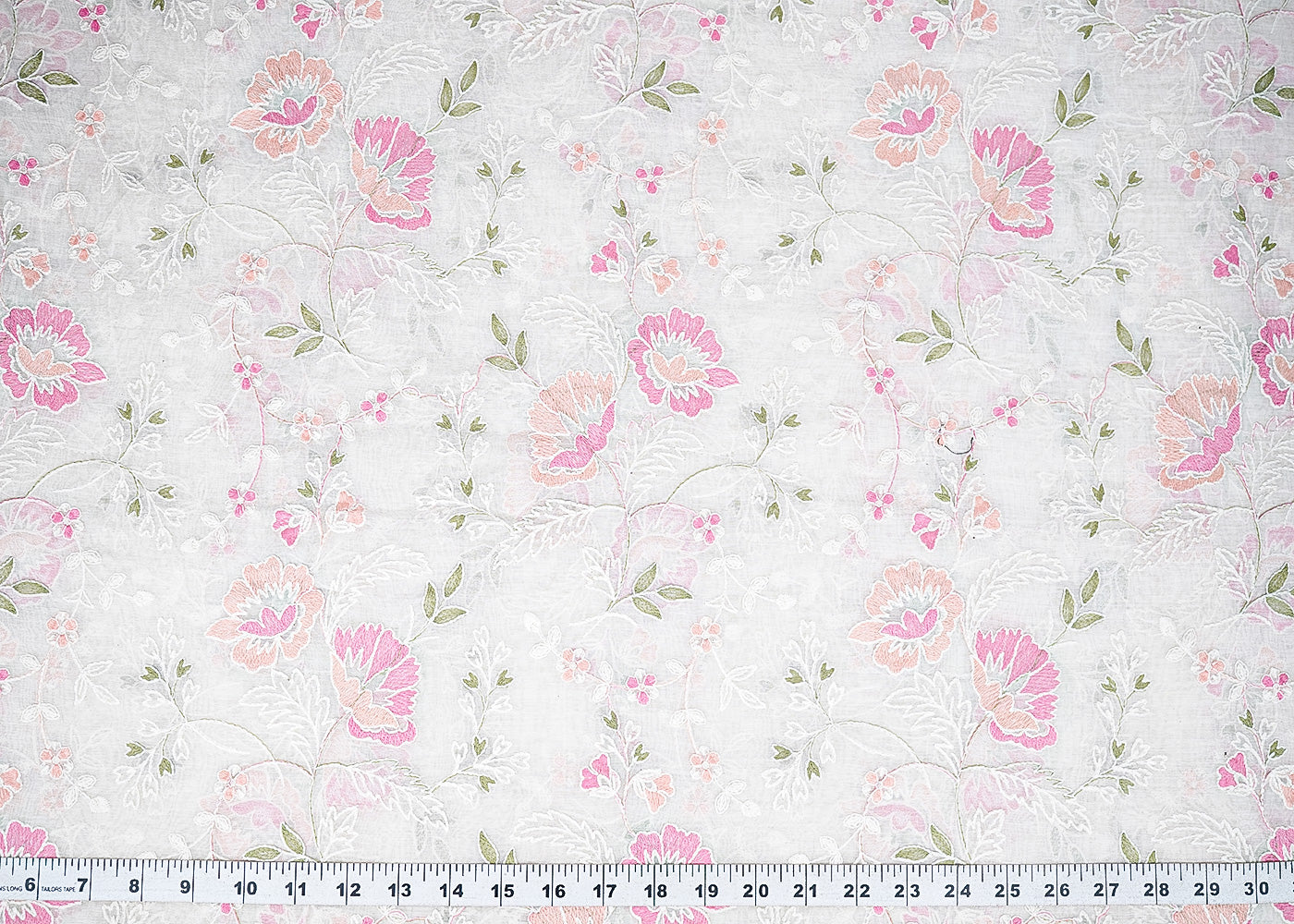White Dyeable Chanderi Fabric With All Over Pastel Peach Floral Thread Work 22699