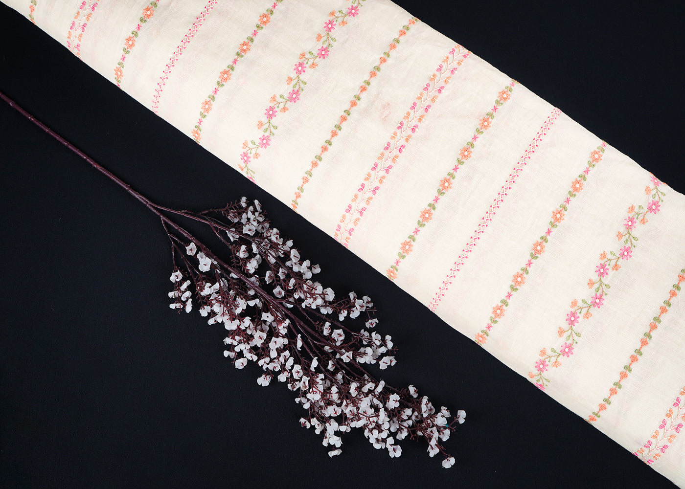 White Dyeable Mul Chanderi Fabric With All Over Stripes of Floral Thread Work 22700