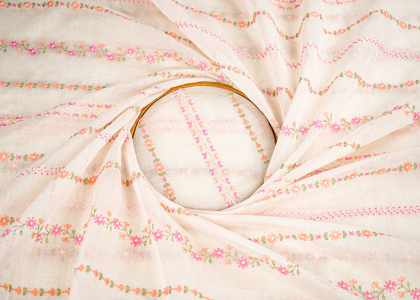 White Dyeable Mul Chanderi Fabric With All Over Stripes of Floral Thread Work 22700