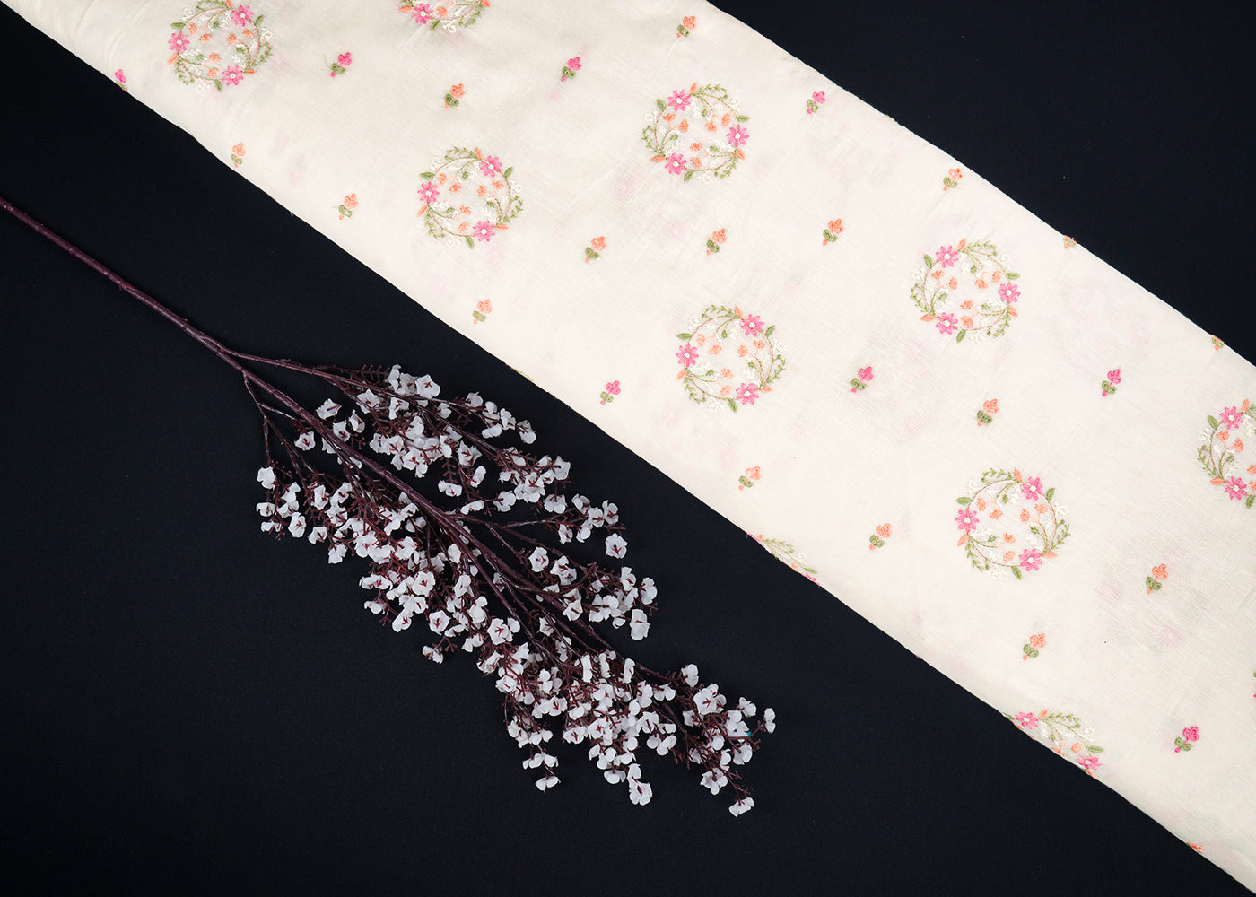 White Dyeable Mul Chanderi Fabric With All Over Pastel Floral Buti Thread Work 22701