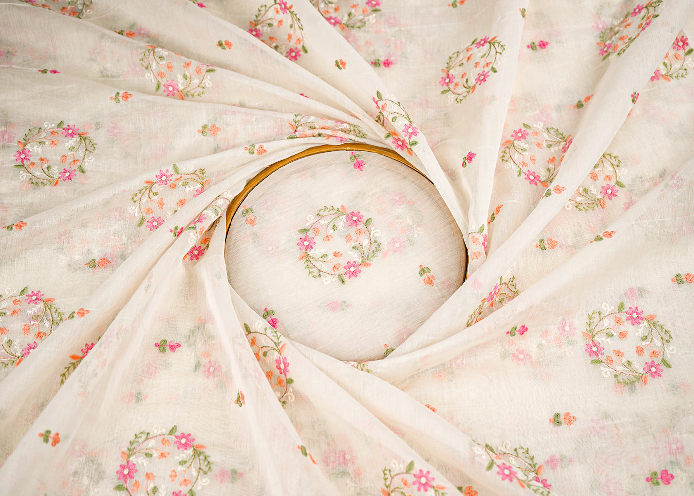 White Dyeable Mul Chanderi Fabric With All Over Pastel Floral Buti Thread Work 22701