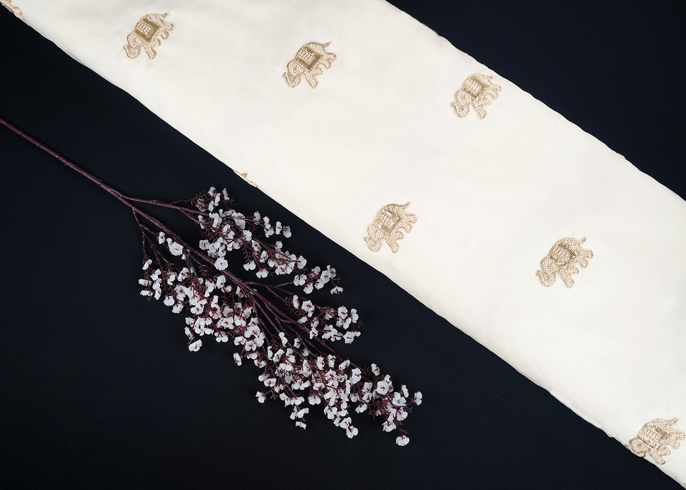 White Dyeable Pure Organza Fabric With All Over Elephant Motif Of Zari, Katdana, And Bead Work 22702
