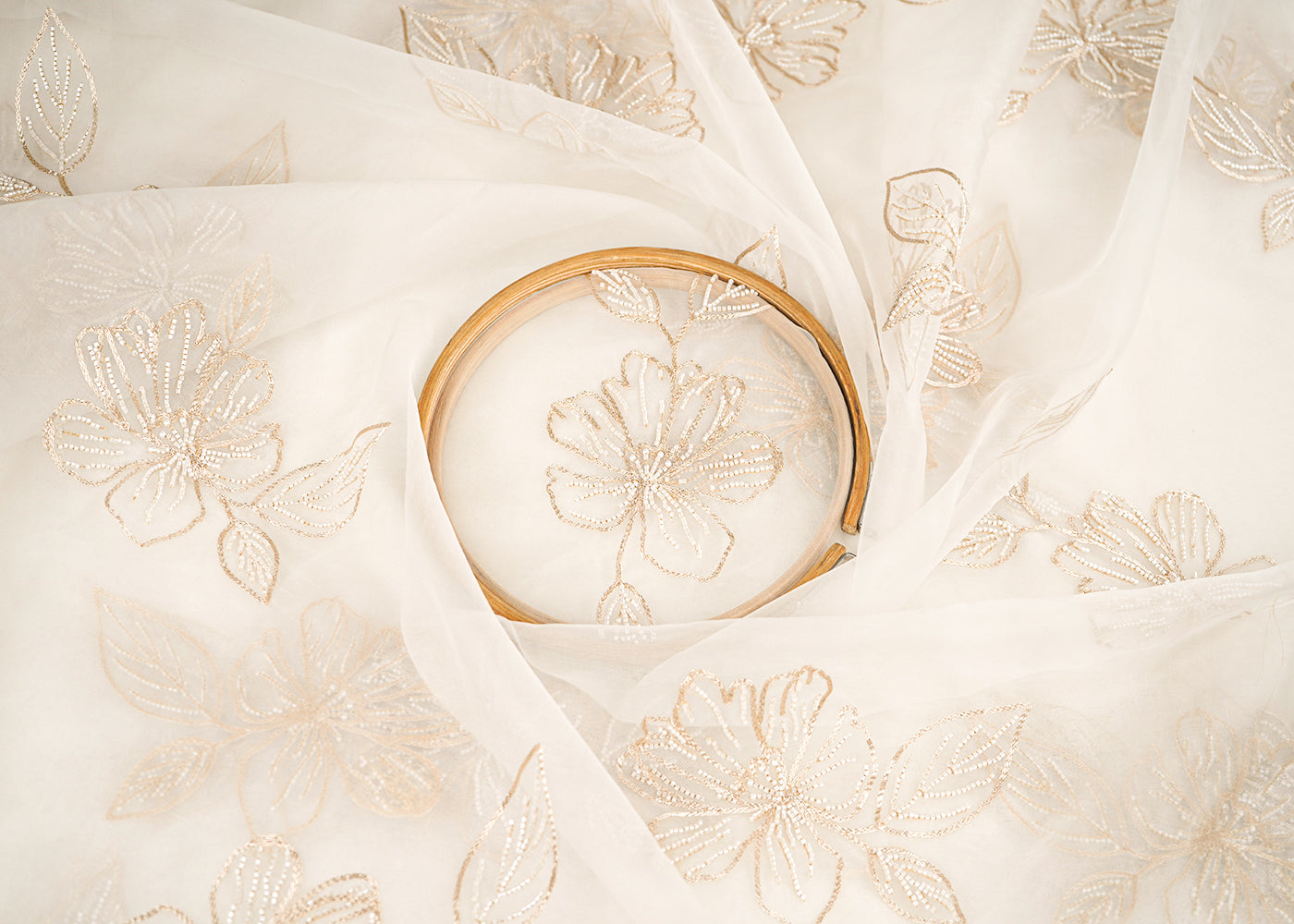 White Dyeable Pure Organza Fabric With All Over Floral Butta Of Zari, Katdana, And Bead Work 22703