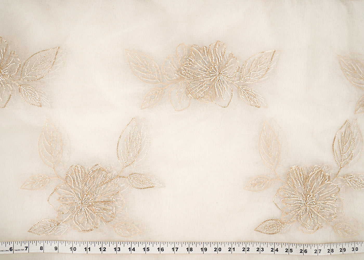 White Dyeable Pure Organza Fabric With All Over Floral Butta Of Zari, Katdana, And Bead Work 22703