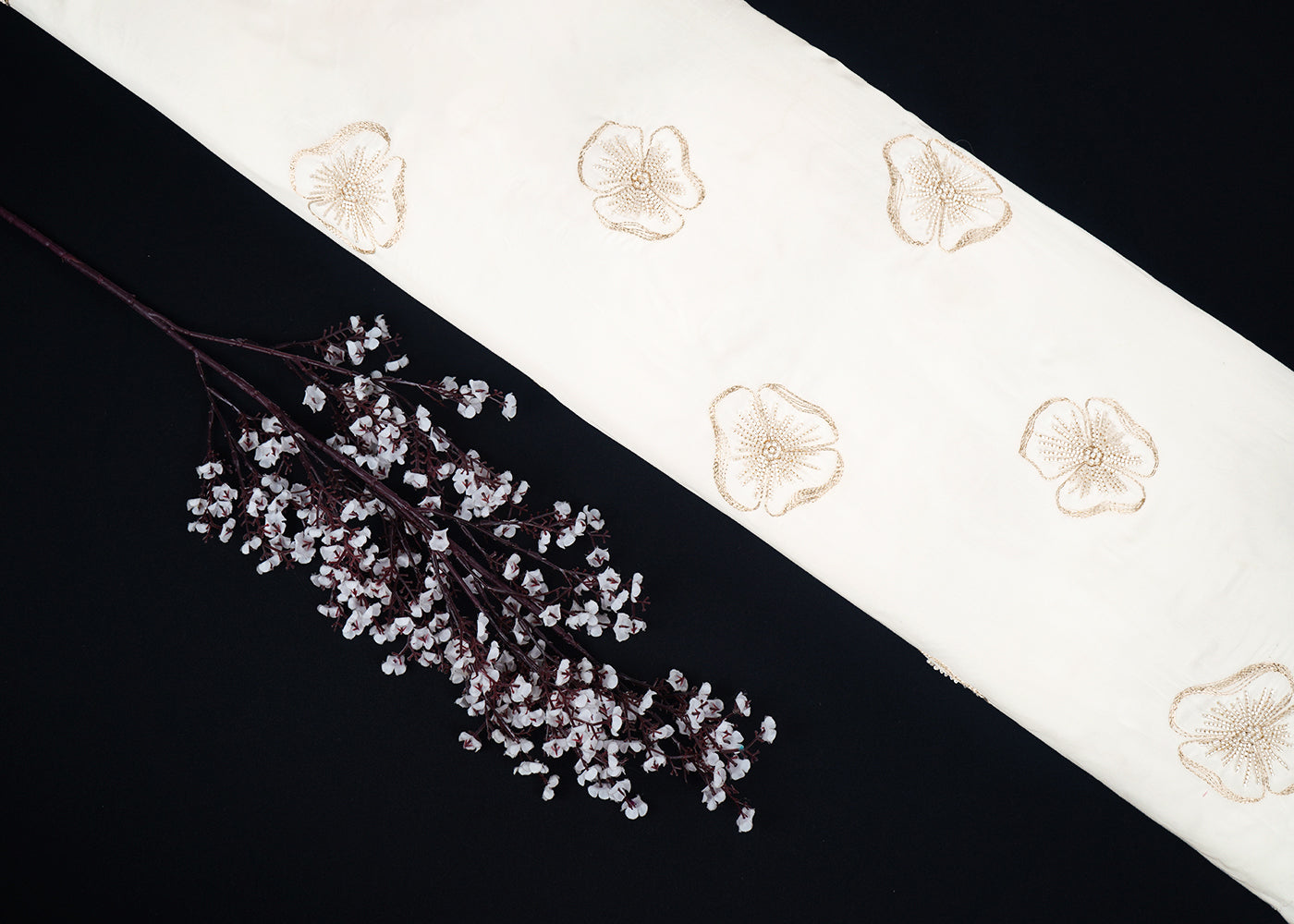 White Dyeable Muslin Fabric With All Over Floral Butta Of Zari, Bead And Katdana Work 22704