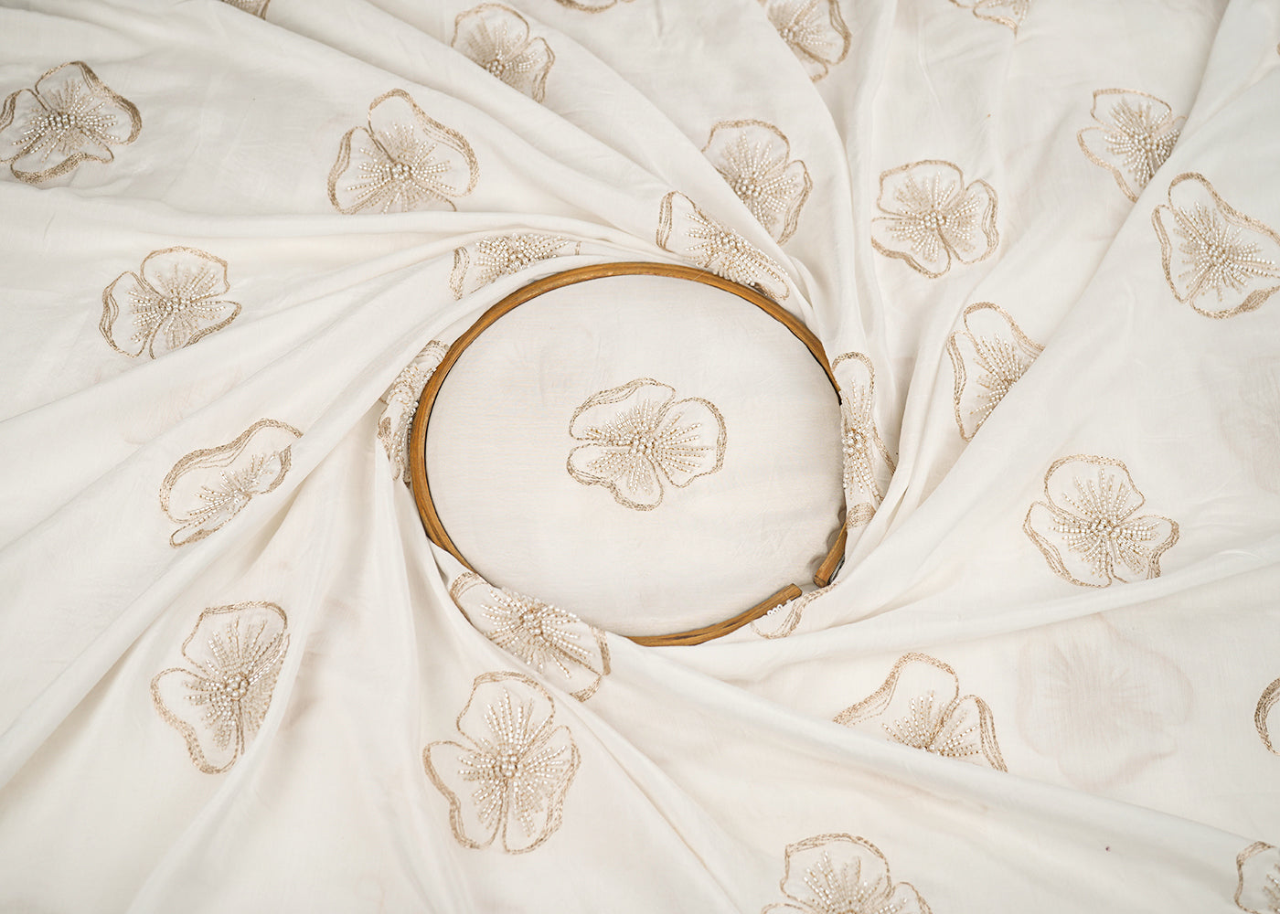 White Dyeable Muslin Fabric With All Over Floral Butta Of Zari, Bead And Katdana Work 22704