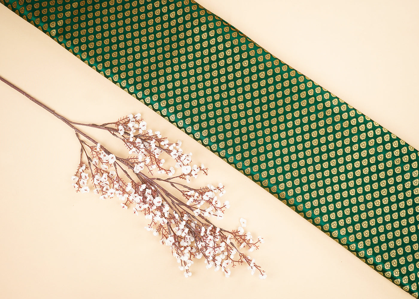 Bottle Green Banarasi Brocade Fabric With All Over Golden Zari Handloom 22705