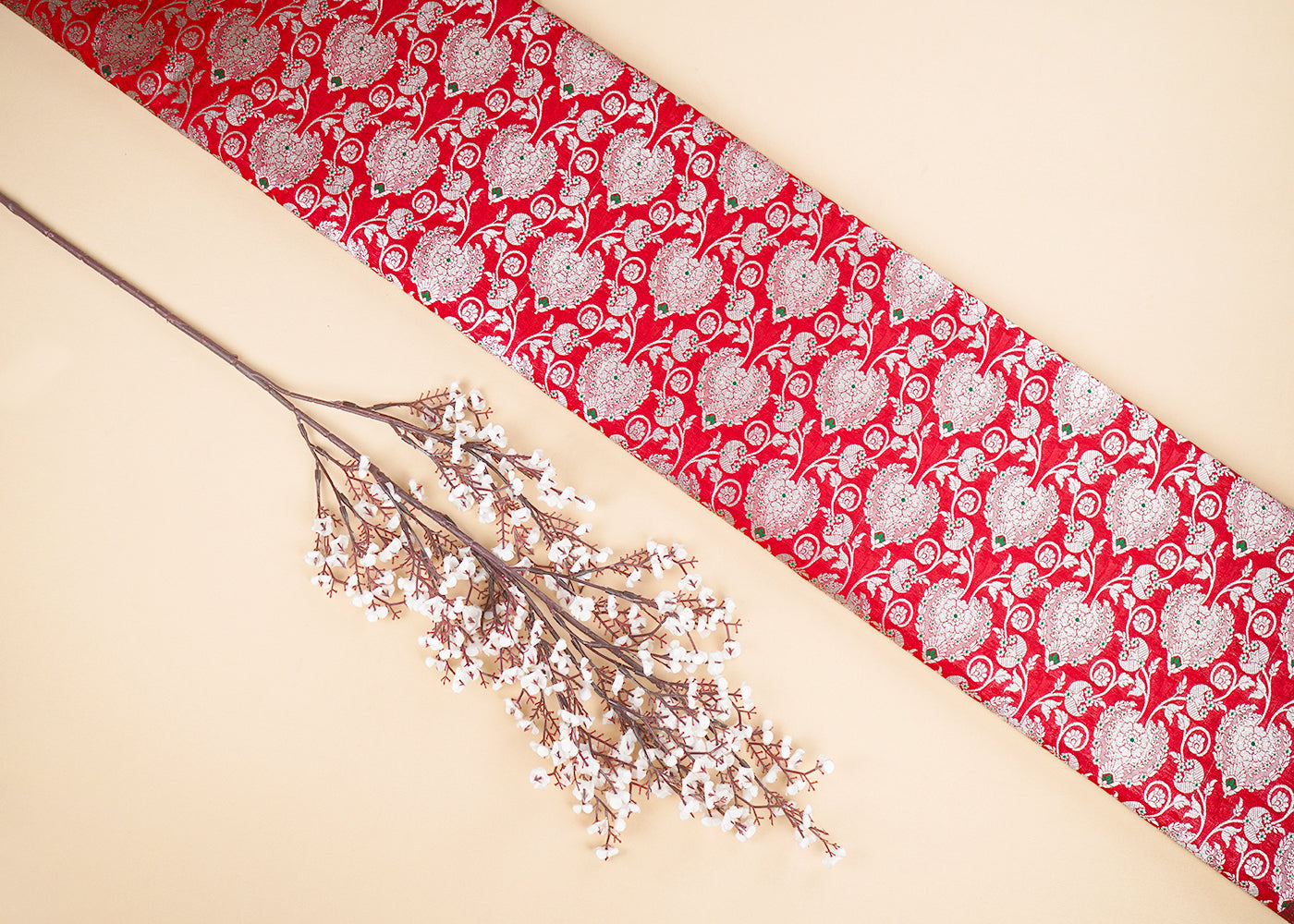 Red Banarasi Brocade Fabric With All Over Golden Zari Handloom 22715