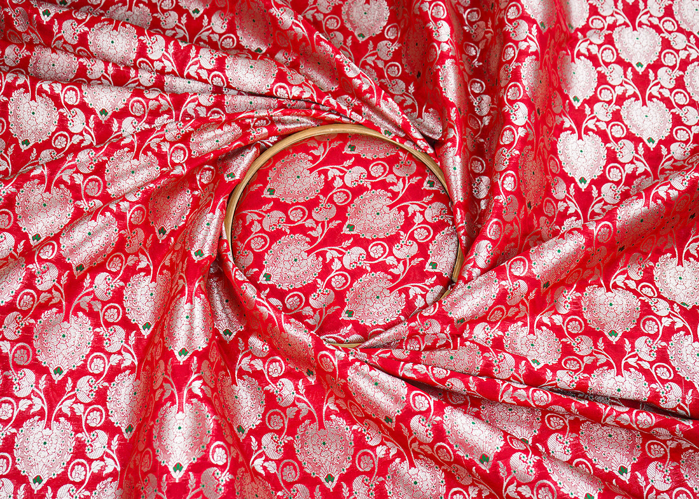 Red Banarasi Brocade Fabric With All Over Golden Zari Handloom 22715