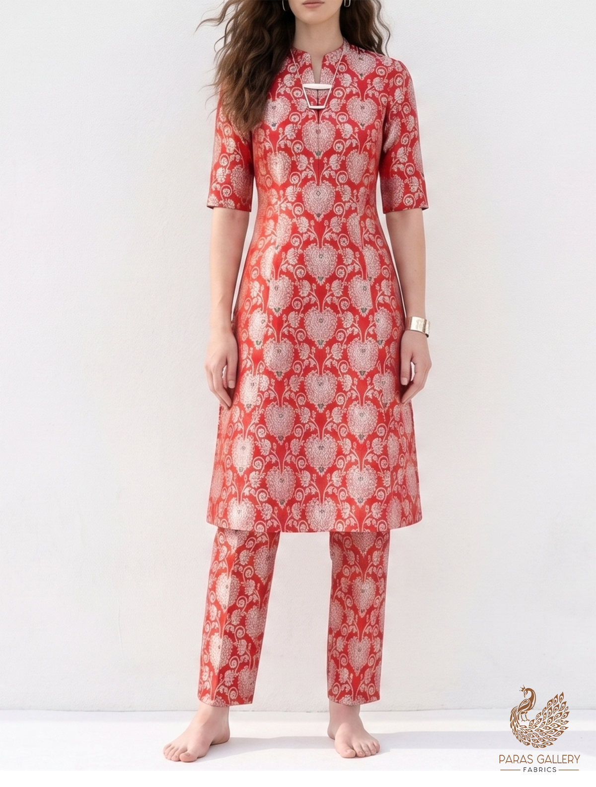 Red Banarasi Brocade Fabric With All Over Golden Zari Handloom 22715