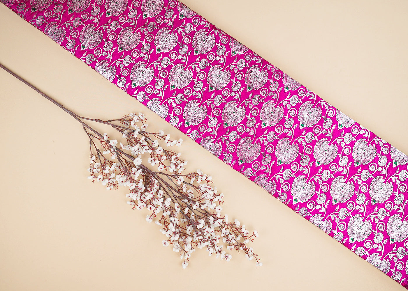 Magenta Banarasi Brocade Fabric With All Over Golden Zari Handloom 22716
