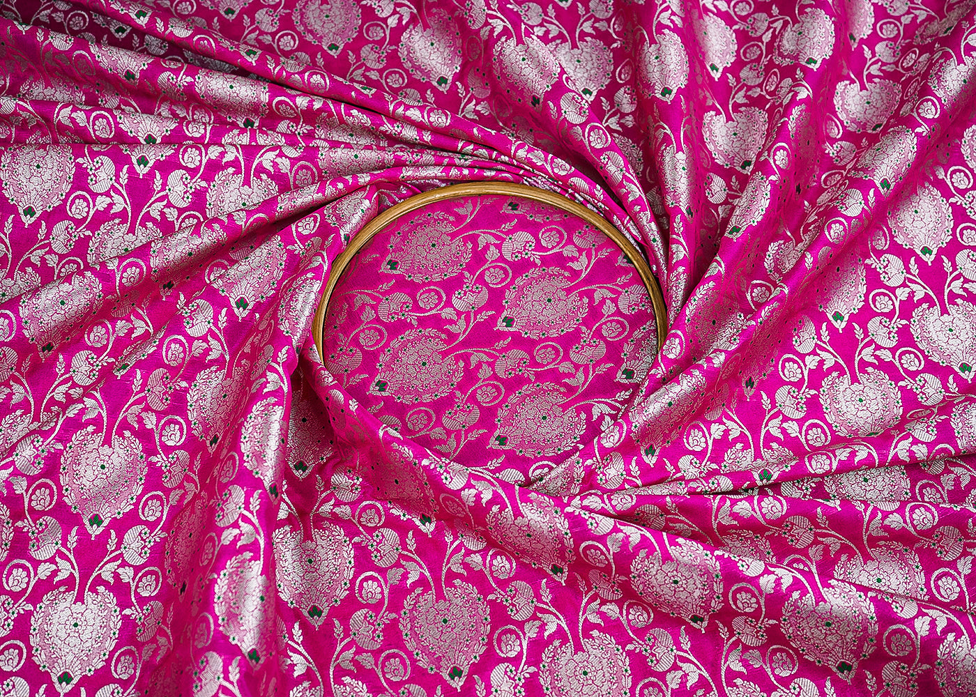 Magenta Banarasi Brocade Fabric With All Over Golden Zari Handloom 22716