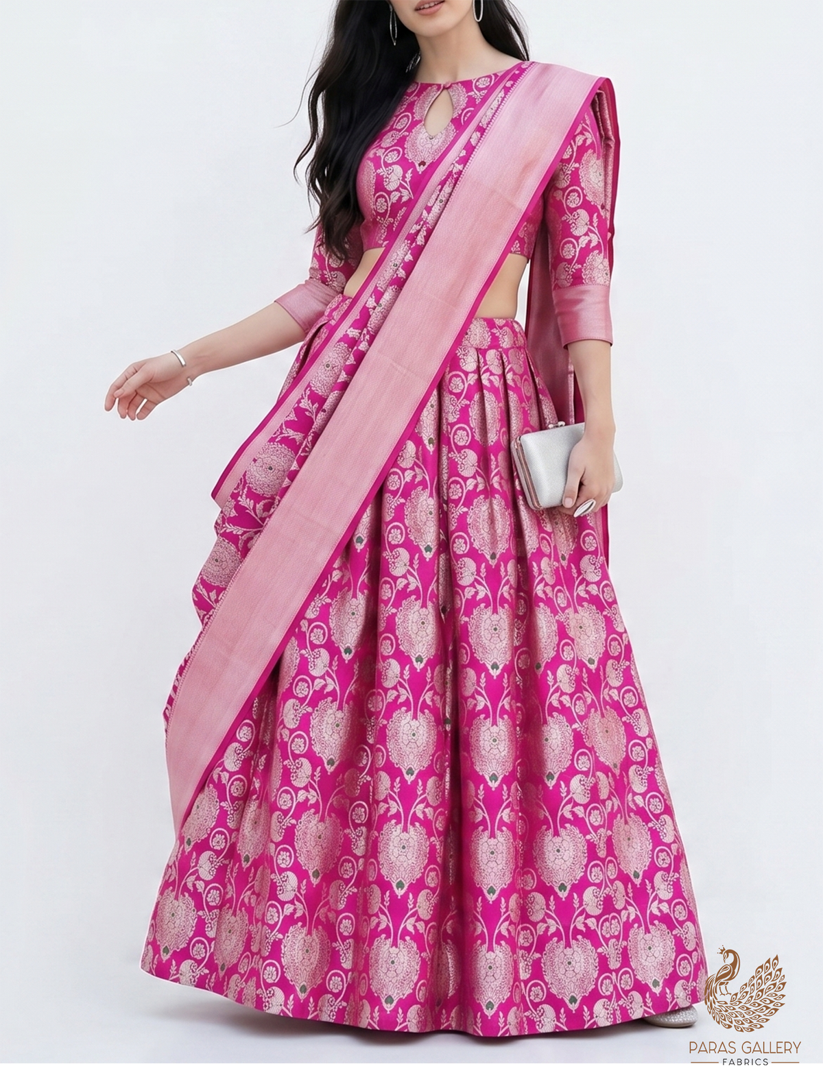 Magenta Banarasi Brocade Fabric With All Over Golden Zari Handloom 22716