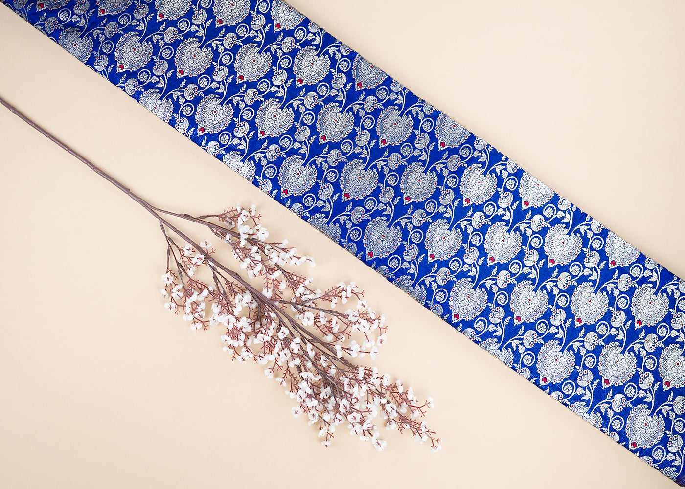 Blue Banarasi Brocade Fabric With All Over Golden Zari Handloom 22717