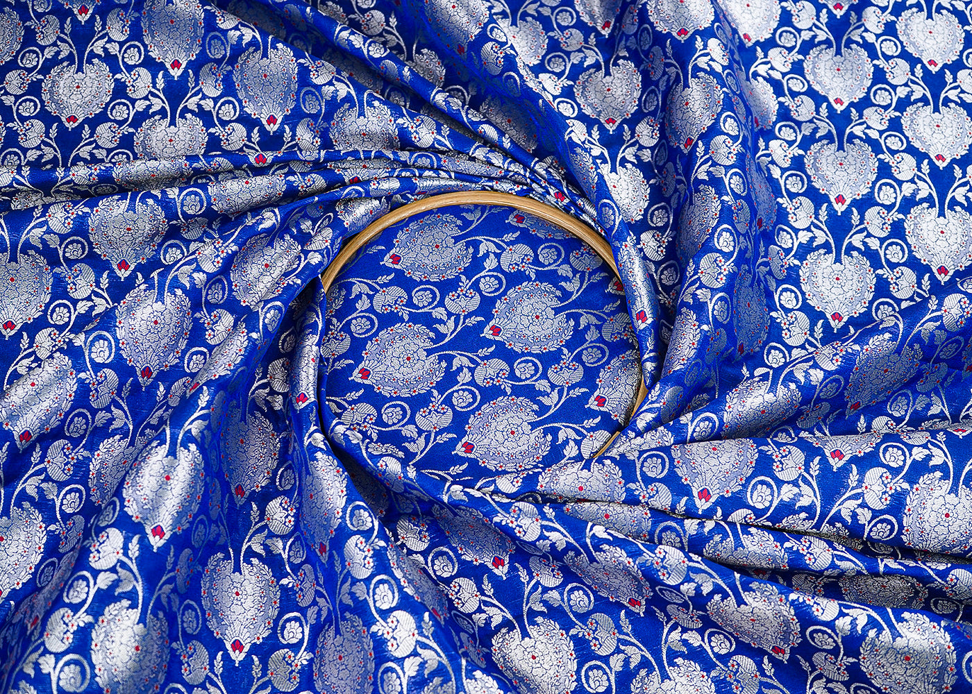 Blue Banarasi Brocade Fabric With All Over Golden Zari Handloom 22717