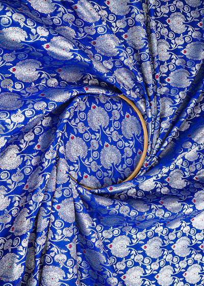 Blue Banarasi Brocade Fabric With All Over Golden Zari Handloom 22717