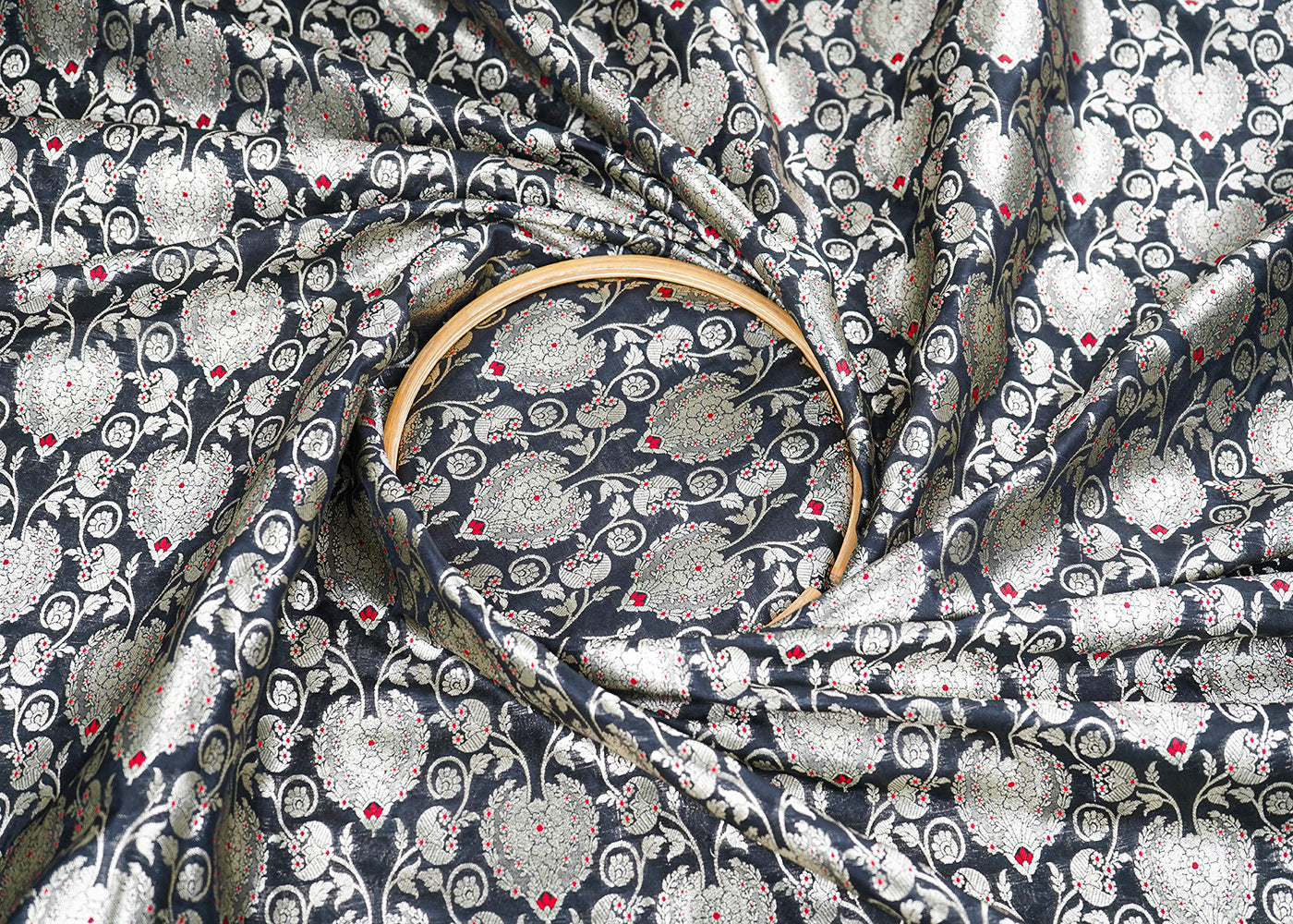 Black Banarasi Brocade Fabric With All Over Golden Zari Handloom 22718