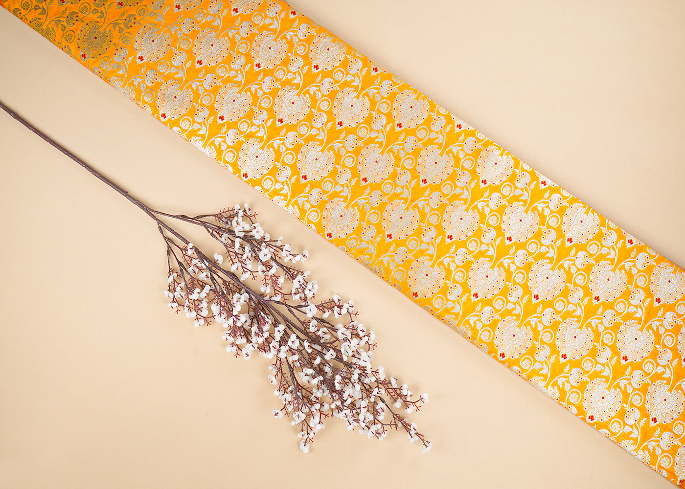 Mustard Banarasi Brocade Fabric With All Over Golden Zari Handloom 22719