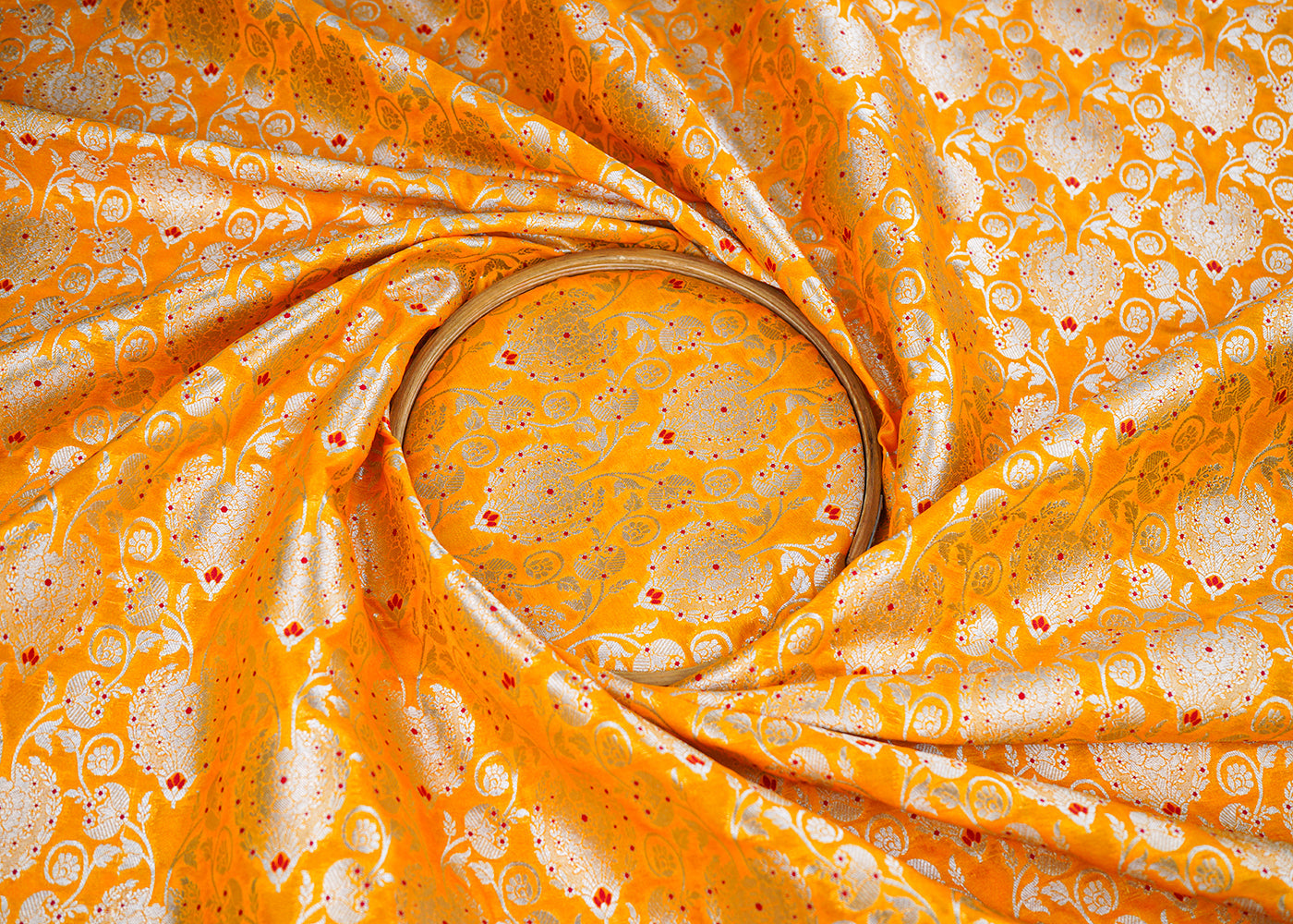 Mustard Banarasi Brocade Fabric With All Over Golden Zari Handloom 22719