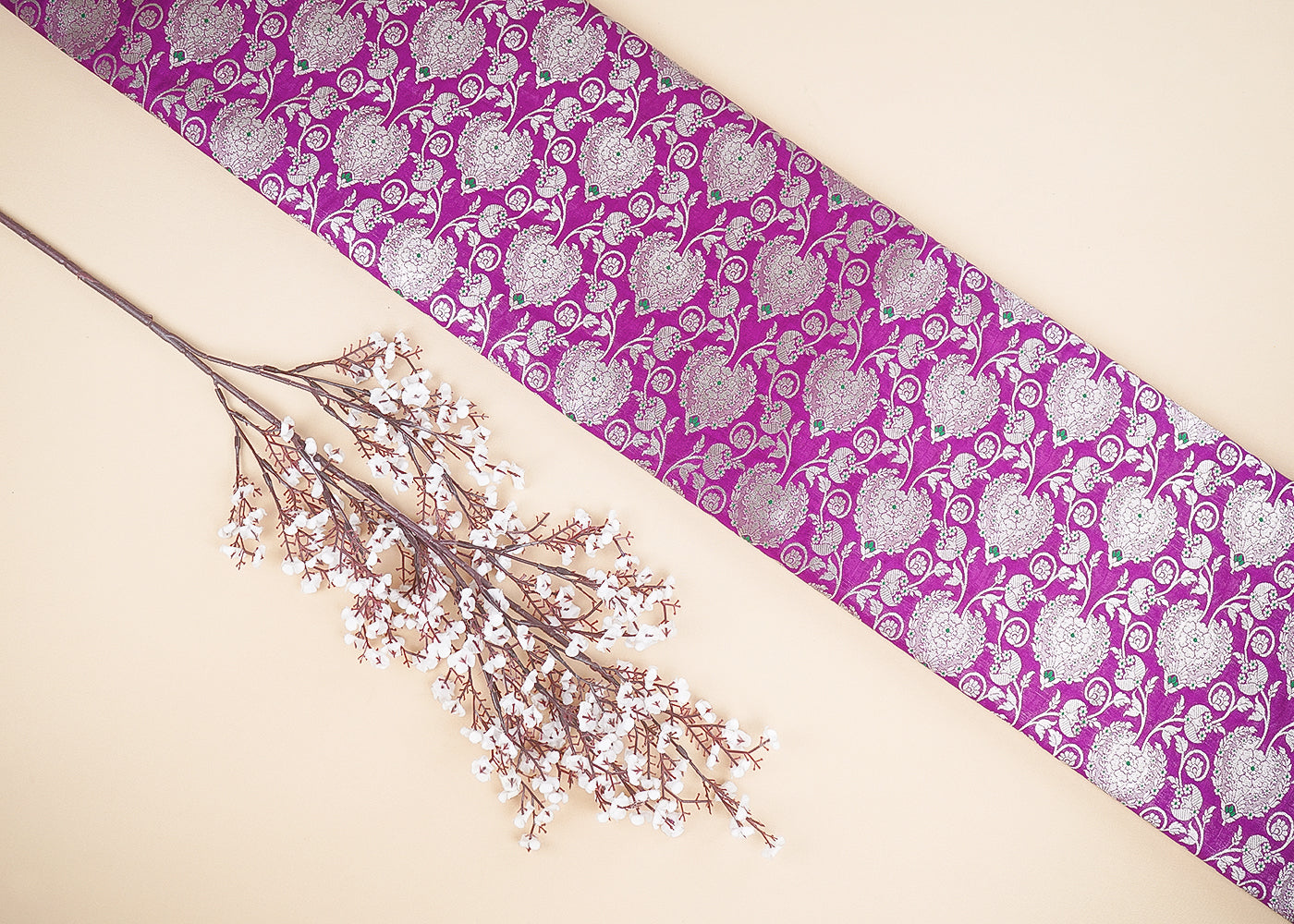 Purple Banarasi Brocade Fabric With All Over Golden Zari Handloom 22720