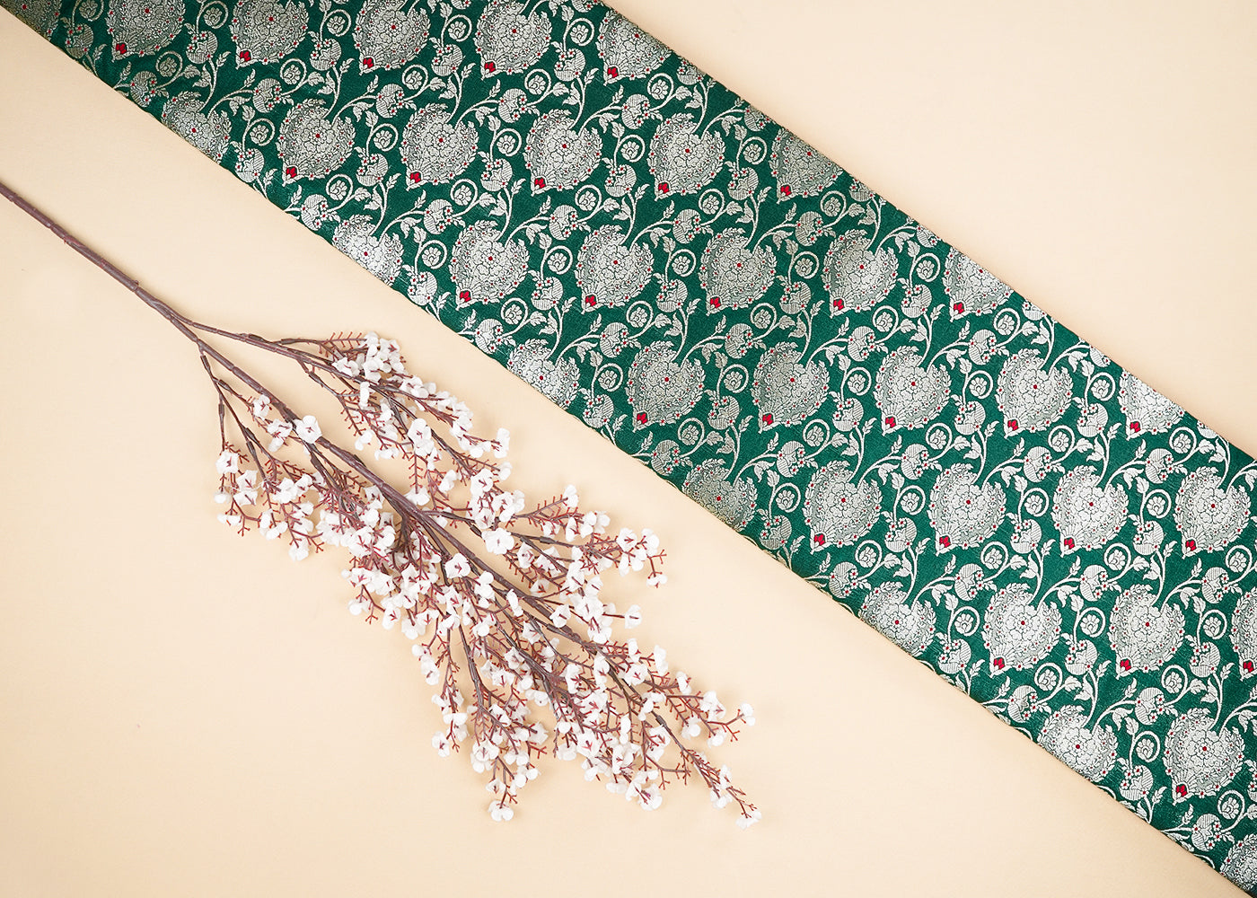 Bottle Green Banarasi Brocade Fabric With All Over Golden Zari Handloom 22721