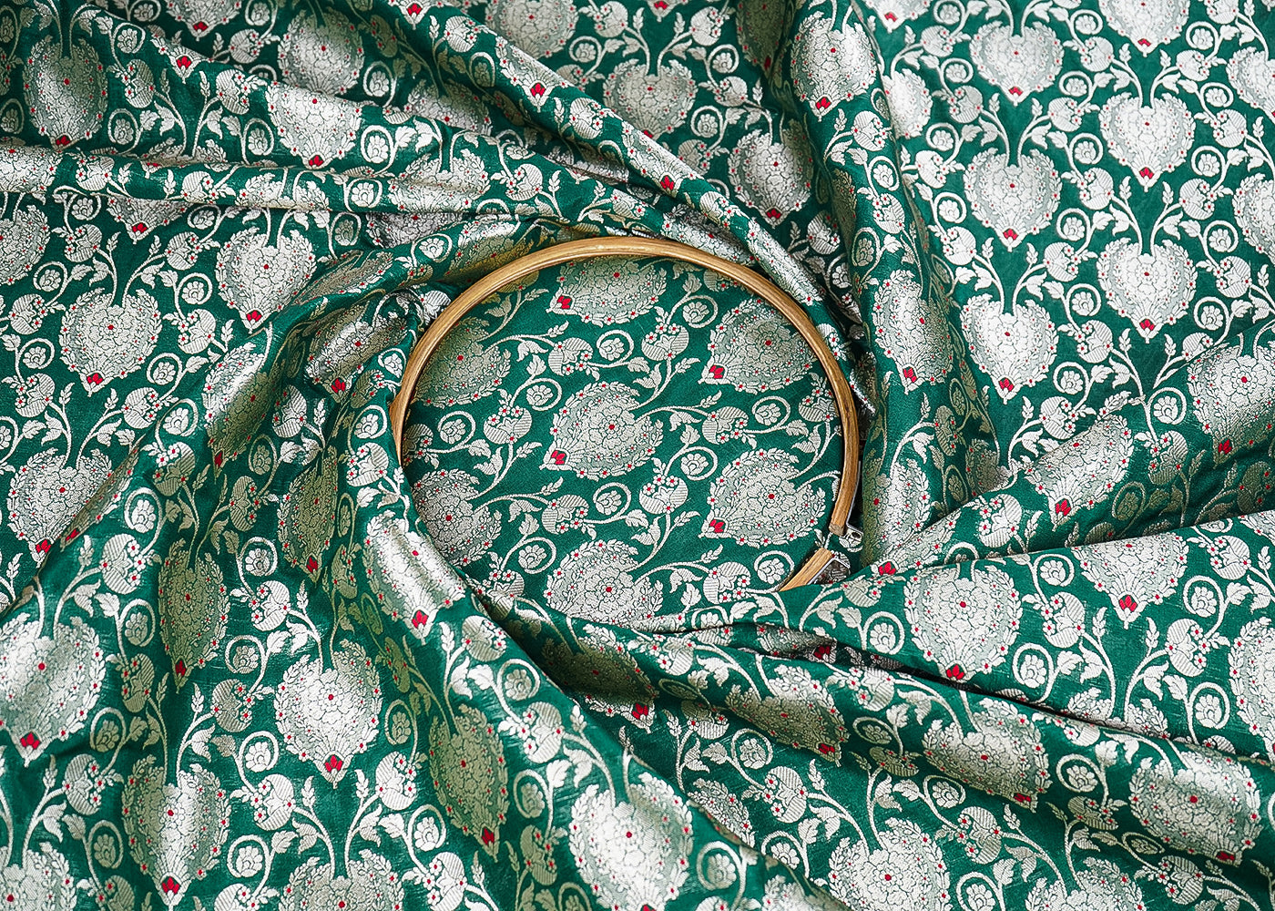 Bottle Green Banarasi Brocade Fabric With All Over Golden Zari Handloom 22721