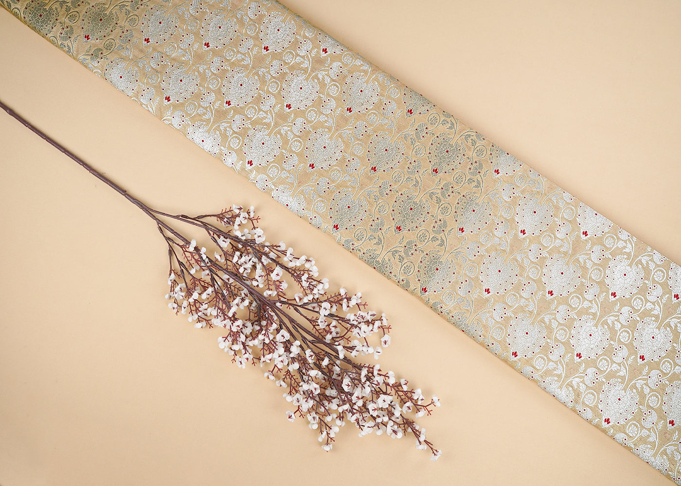 Biege Banarasi Brocade Fabric With All Over Golden Zari Handloom 22722